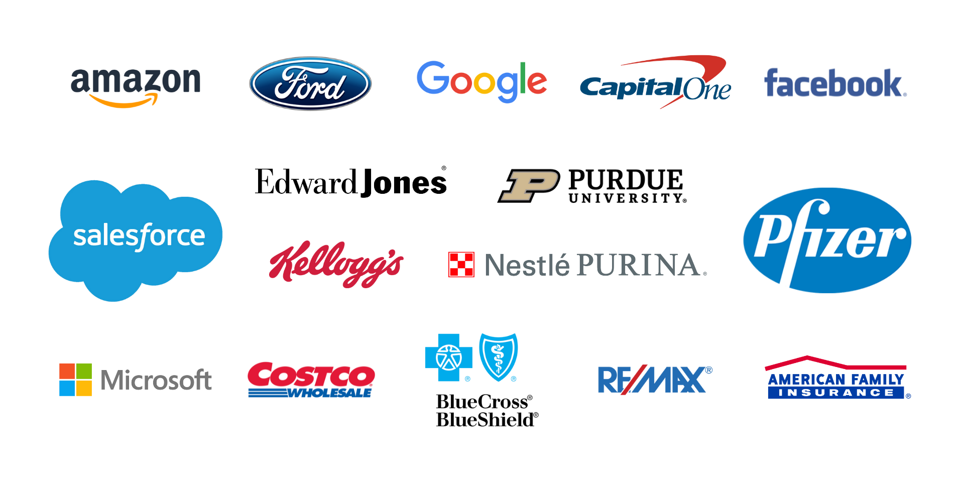 Some Clients we have worked with including Amazon, Ford, Google, Capitol One, Facebook, Salesforce, Edwards Jones, Kelloggs, Purdue, Purina, Pfizer, Microsoft, Costco, Blue Cross Blue Shield, ReMax, and American Family Insurance