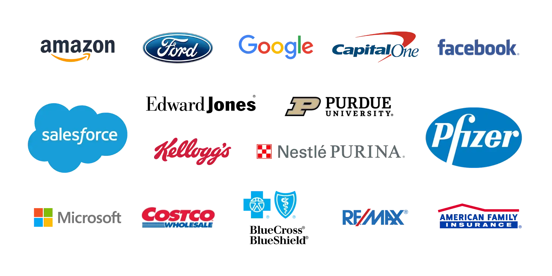 Some Clients we have worked with including Amazon, Ford, Google, Capitol One, Facebook, Salesforce, Edwards Jones, Kelloggs, Purdue, Purina, Pfizer, Microsoft, Costco, Blue Cross Blue Shield, ReMax, and American Family Insurance