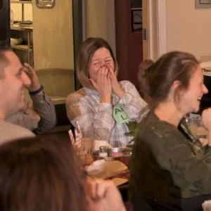 Murder mystery party guest brought to tears from hilarious entertainment