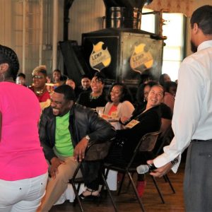 Murder mystery for large group laughing and having fun
