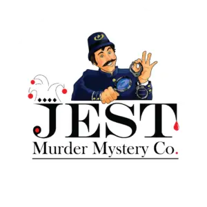 Jest Murder Mystery Co. logo with detective image.