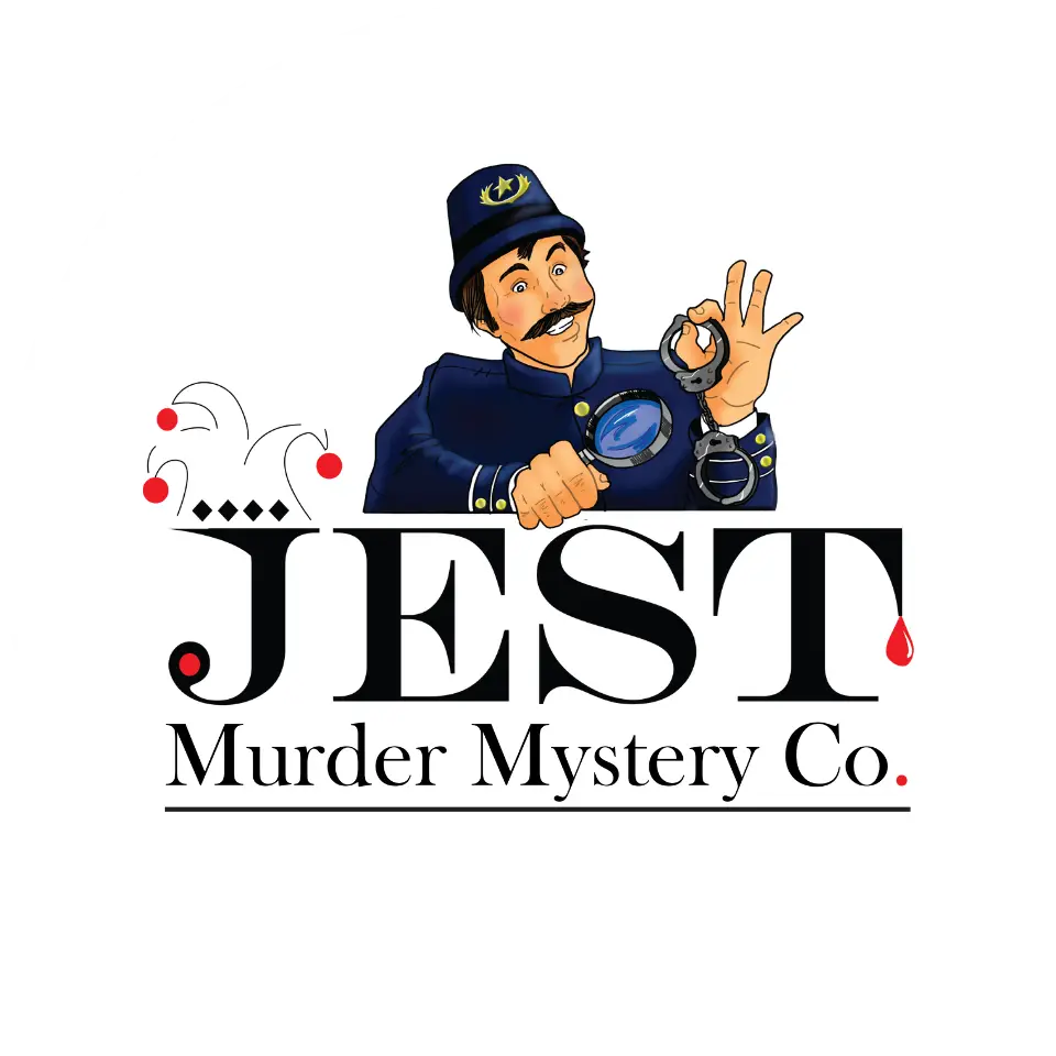 Jest Murder Mystery Co. logo with detective image.